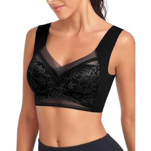 WOWENY Seamless Lace Bras for Women Wirefree Comfortable Mesh Padded Soft Back Smoothing Bra (Large, Sleep Bra Black(no Support))