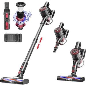 Vacuum Cleaner for Home, Cordless Vacuum Cleaner with High-Speed Brushless Motor, 2600mAh Detachable Lithium Batteries, Up to 40 Mins Runtime 5 Stages High-Efficiency Filtration(Gray Red)