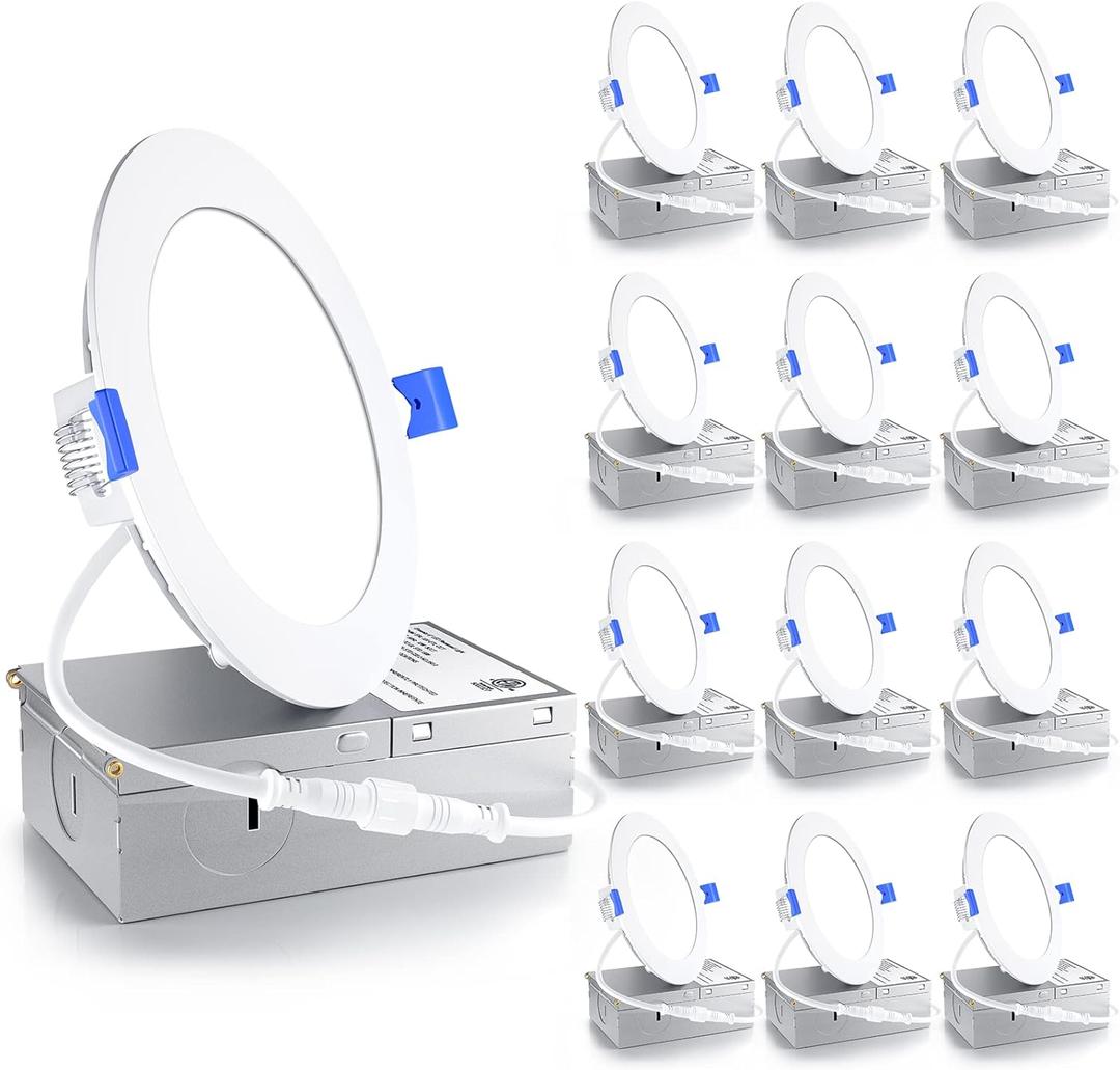 Ensenior 12 Pack 4 Inch LED Recessed Light, Dimmable, 6000K Clear White, 750LM High Brightness, 9W 120V, 2 Pin, ERL-9X-ETL, Damp Rated, Ultra-Thin Canless Wafer Ceiling Light - ETL & FCC & IC