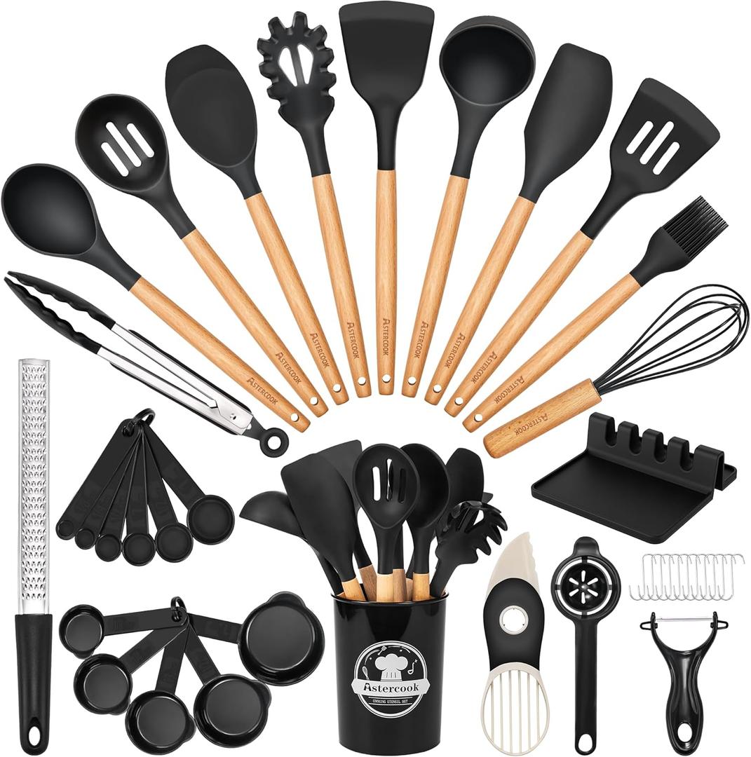 Astercook 39 PCS Kitchen Utensils Set, Silicone Cooking Utensil Sets with Wooden Handle, 446F Heat Resistant Food Grade Spatula Set, BPA Free Kitchen Gadgets Tools Set & Spoons for Nonstick Cookware (Black)