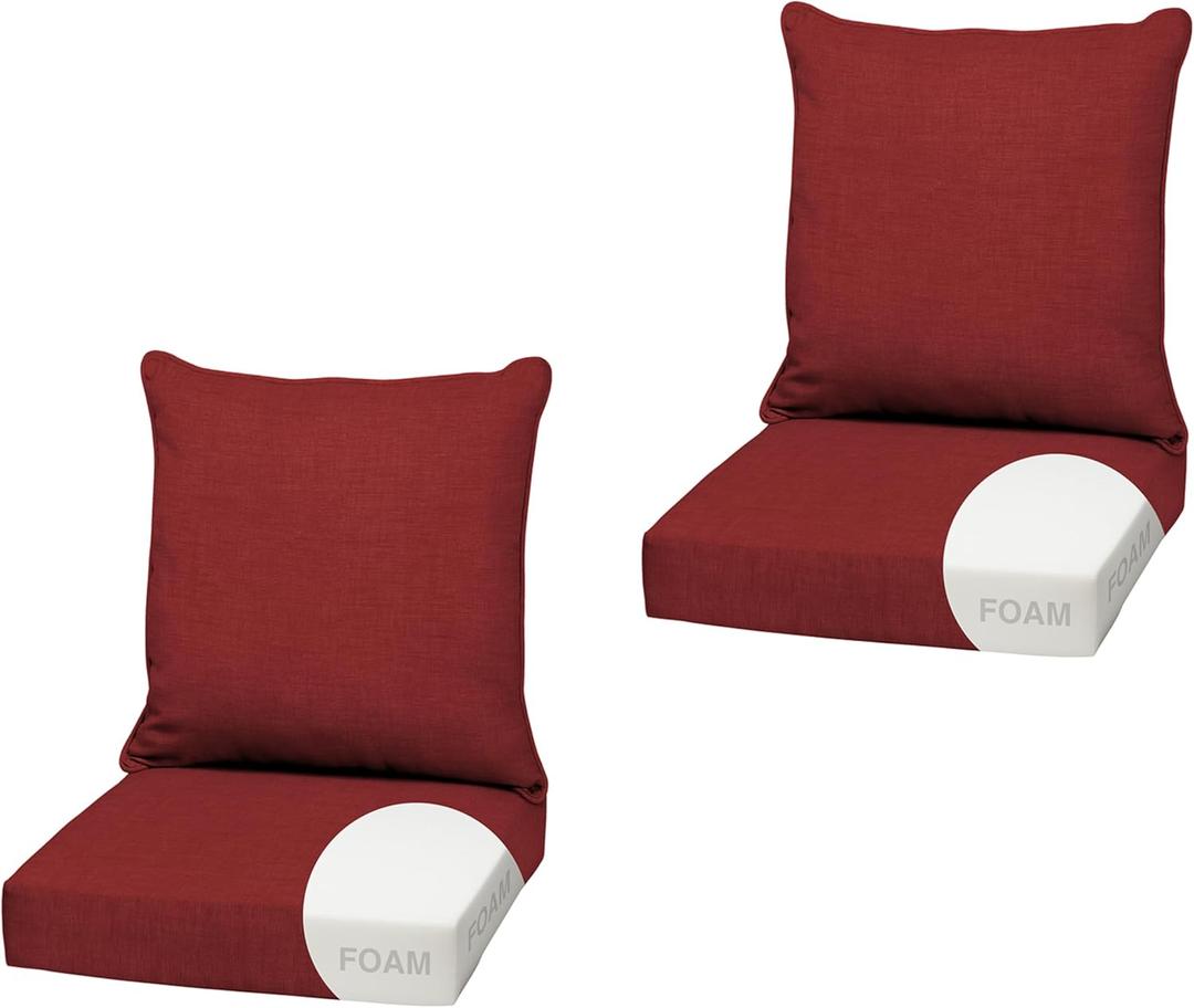 Arden Outdoor Foam Deep Seat Cushion, 2-Pack, 22x24, Premium High-Density Foam, Never Flattens, Weather-Proof for Patio Chair Sofa Couch, Ruby Red Leala