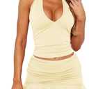 Skirt Sets Women 2 Piece Outfits Summer Going Out Sleeveless Halter Crop Top and Mini Skirt Concert Rave Travel Outfits (Medium, Yellow)
