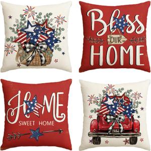 AVOIN colorlife Bless Our Home Eucalyptus Stars Fireworks Car Throw Pillow Covers, 18 x 18 Inch 4th of July Patriotic Independence Memorial Day USA Flag Cushion Case for Sofa Couch Set of 4 (Red)