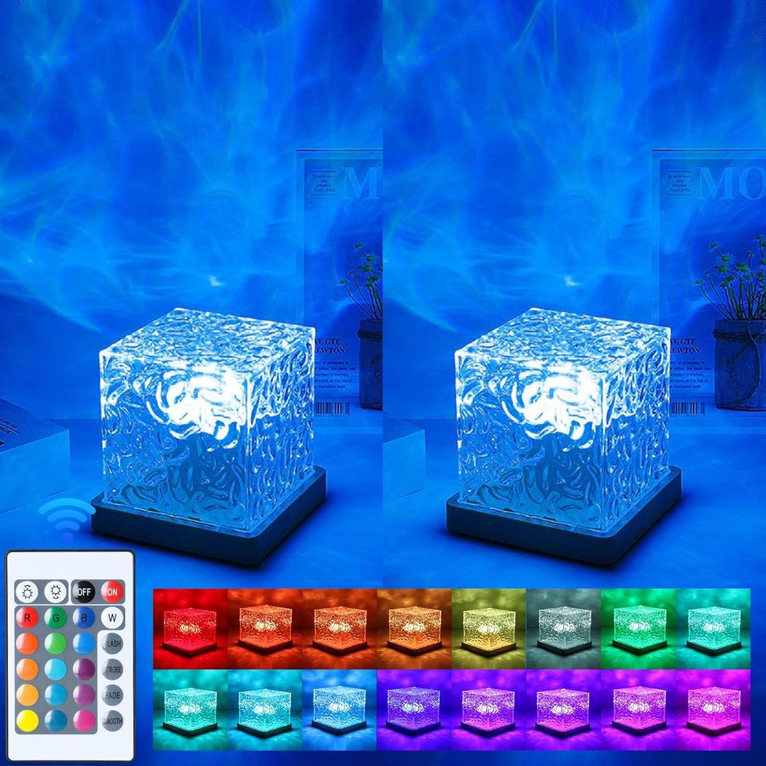 2 Packs Corded Lava Lamp with 2 Charger Adapters,Ocean Lamp Ocean Wave Projector Light Northern Lights Aurora Cube with 16 Colors and Dynamic Ripple Effect for Living Room Bedroom Decor - 5.1"