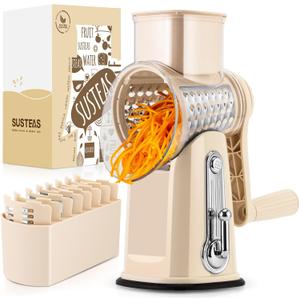SUSTEAS Rotary Cheese Grater with Handle - Vegetable Shredder with 5 Well-designed Blades & Strong Suction Base, Round Mandoline Slicer & Food Chopper for Kitchen, with Blade Storage Box(Beige)