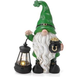 St. Patrick's Day Gnome for Outdoor Decor, Resin Garden Gnome Holding Lantern with Solar Lights, 4.7 * 3 * 6.7inch Solar Garden Statues for Outside, Leprechaun Figurine for Patio, Yard, Lawn