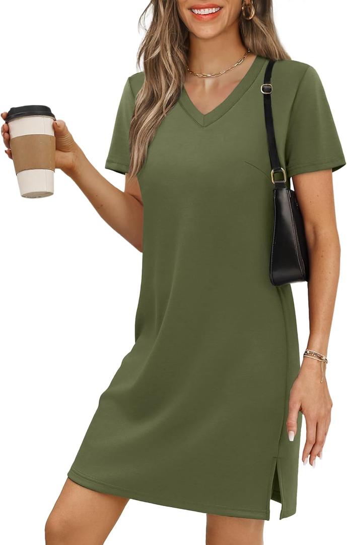 Summer Casual Dresses for Women 2025 Mini Vacation Dress V-Neck Short Sleeve Split Hem Beach Sundress (Medium, Armygreen)