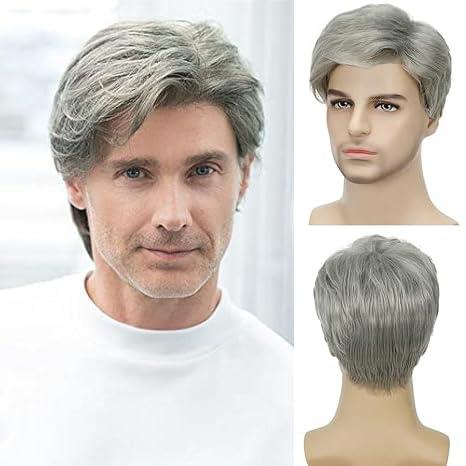 Men's Grey Wigs Short Wigs Natural Looking Heat Resistant Synthetic Hair with Adjustable Cap 180g