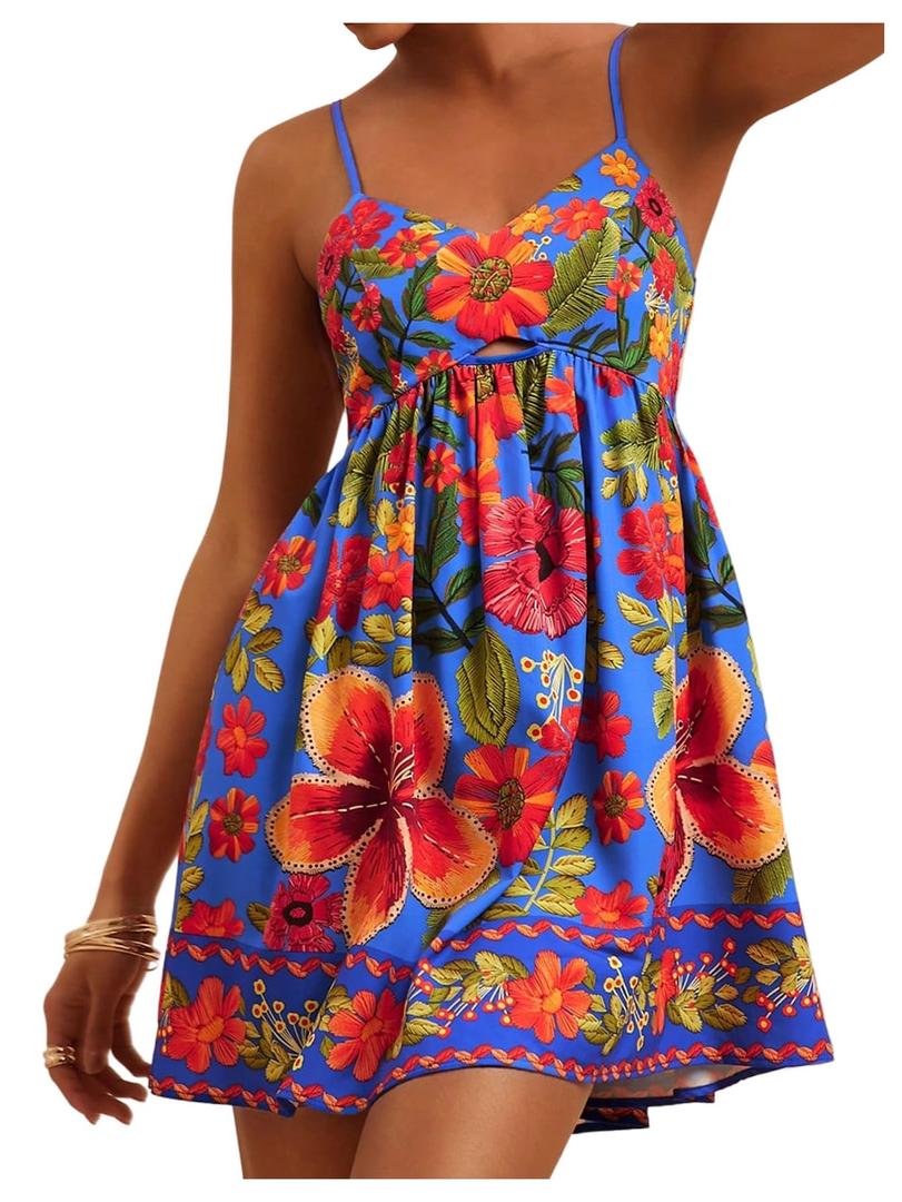 SOLY HUX Women's Summer Floral Print Mini Dress V Neck Spaghetti Strap A Line Flowy Boho Vacation Dresses Sundress Blue Floral X-Large