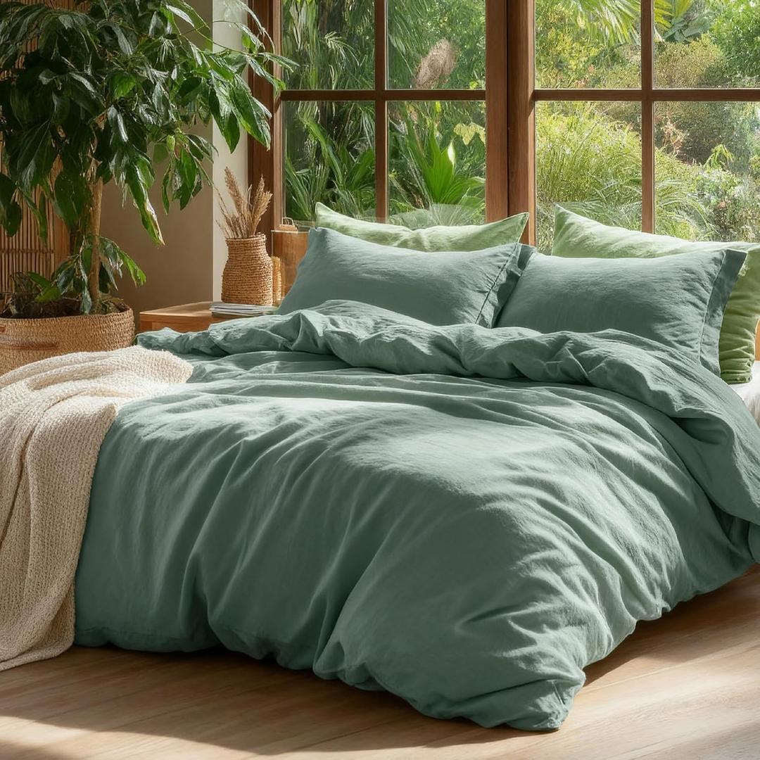 Bedsure 100% Washed Cotton Duvet Cover King Size - Olive Green Minimalist Cotton Duvet Cover Linen Like for All Seasons - GentleSoft™ Plain Simple Bedding (WHITE, King, 104"x90")