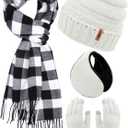 Aneco Winter Warm Knitted Sets Buffalo Plaid Scarf Beanie Hat Touch Screen Gloves and Winter Ear Warmer Set for Men or Women (White)