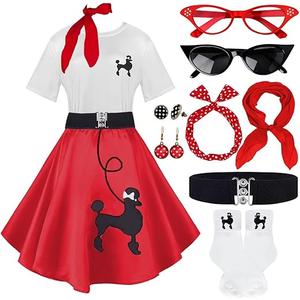 10Pcs Sock Hop Outfits Costume Women, 1950s Poodle Skirts, Poodle T-Shirt with 50s Accessories Set Scarf Headband Belt Socks Eyeglasses Earrings Red XL