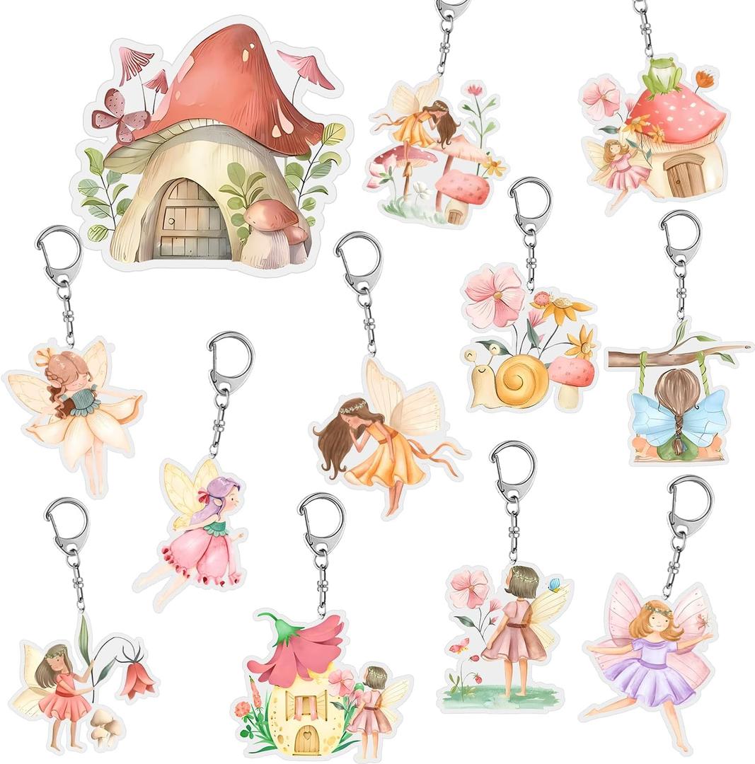 Fairy Party Favors 12 PCS Acrylic Woodland Fairy Key Chains for Birthday Decorations, Garden Fairy Party Gifts, Classroom Prizes
