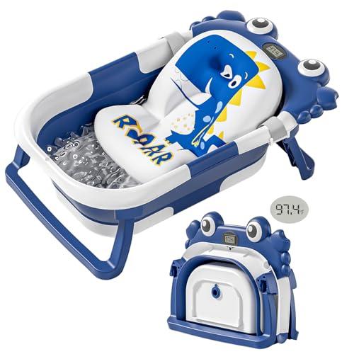 Collapsible Baby Bathtub for Newborns with Thermometer and Soft Floating Cushion Portable and Foldable Travel Baby Boy Bath Tub for Infants to Toddler 0-36 Month (Navyblue)