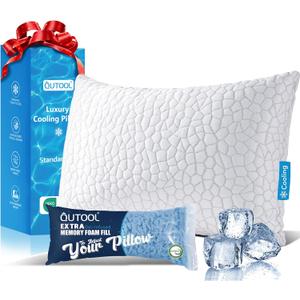 QUTOOL Cooling Pillow for Sleeping, CertiPUR-US Shredded Memory Foam Standard Pillow Set of 1, Cool Pillow for Hot Sleepers Adjustable Firm Pillow for Side,Back,Stomach Sleepers Soft Yet Support,White
