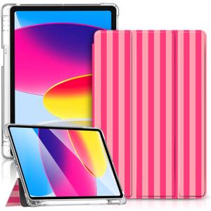 Case for iPad 11th (A16) 11-inch 2025/10th Generation 10.9-inch 2022, Stripes [Auto Wake/Sleep] with Pencil Holder, Clear Transparent Back Shell Slim Stand Shockproof Tablet Cover- Rose Red