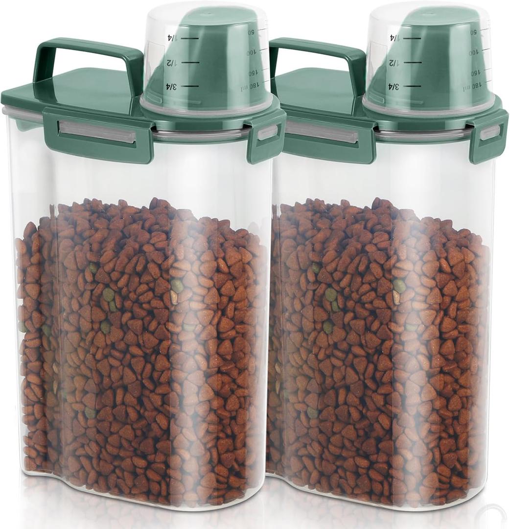 TBMAXS 2 Pack 3 Lbs Dog Cat Food Storage Containers for Travel, Portable Pet Food Storage Container, Easy-Pouring Bird Seed Dispenser, Airtight Rice Cereal Oatmeal Flour Holder -Pine Green