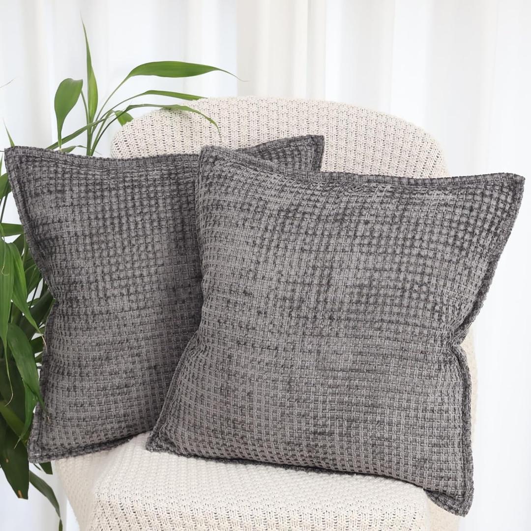 OYIMUA Set of 2 Decorative Chenille Checkered Throw Pillow Covers 18x18 Grey Neutral Farmhouse Vintage Cushion Covers Modern Boho Pillowcases for Sofa Couch Bedroom Living Room Home Decor