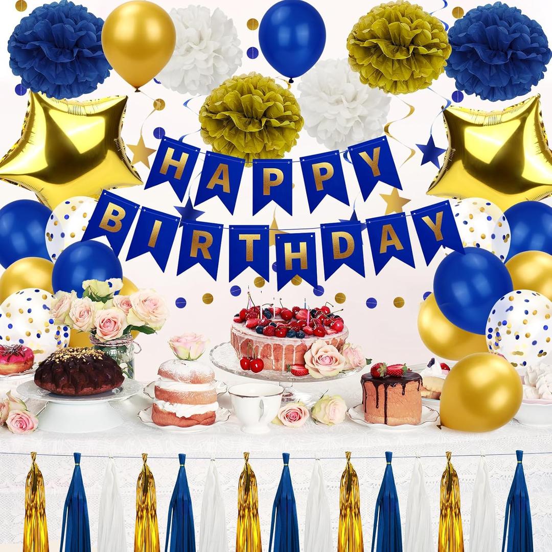 Blue and Gold Party Decorations - 50pcs Birthday Decor for Men Boy Kids with Happy Birthday Banner, Balloons, Hanging Swirls, Pom Poms, Lantern, Garland Party Supplies