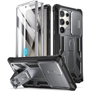 Poetic Spartan Case for Galaxy S24 Ultra 6.8", [Slide Camera Cover] [Screen Protector Works with Fingerprint ID]Military Grade Rugged Shockproof S24 Ultra Phone Case with Kickstand, Metallic Gun Metal