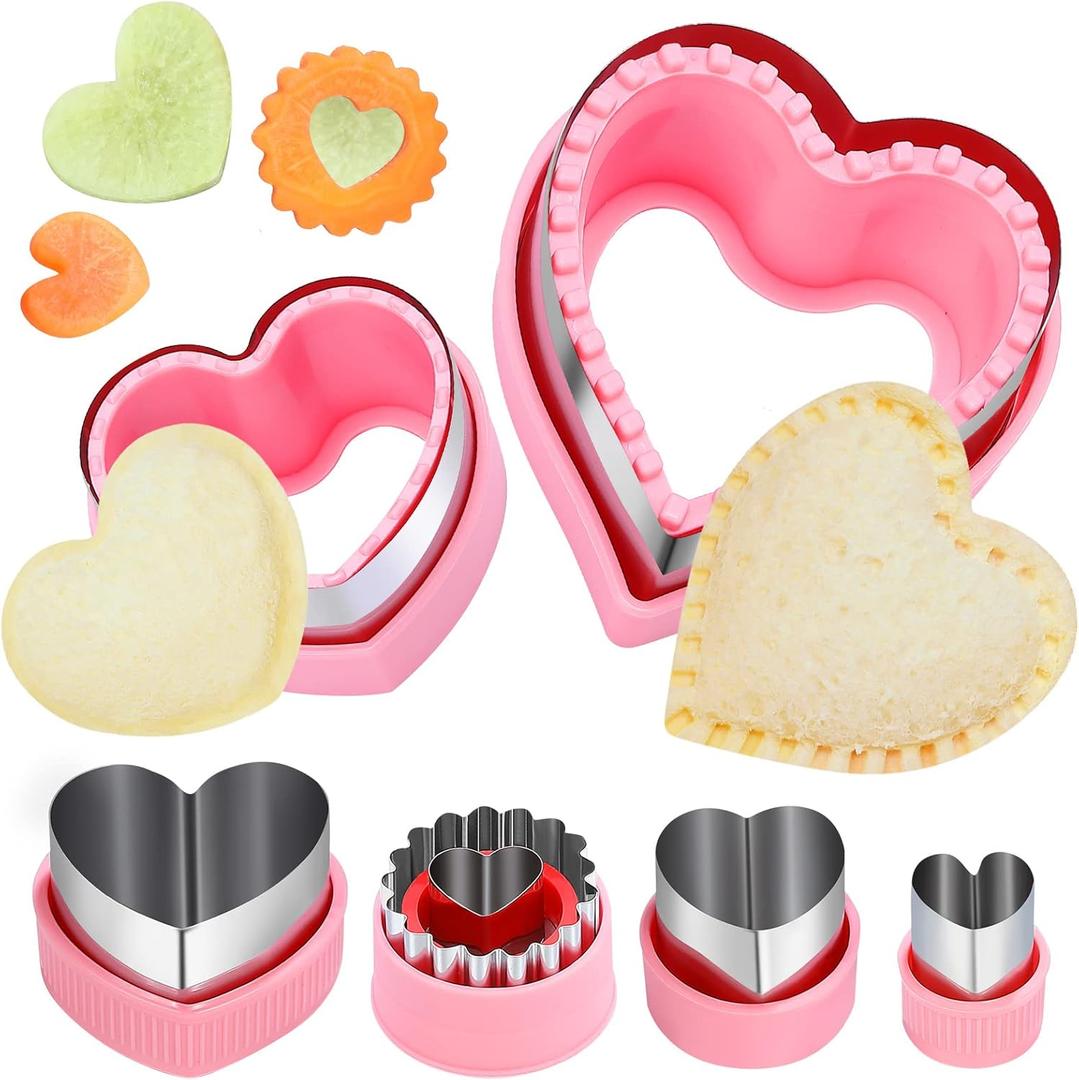 Heart Cookie Cutter Set, 6 Pcs Valentines Day Cookie Cutters, Sandwich Cutter and Sealer, Heart Shaped Cookie Cutter for Biscuits, Cakes, Fruit and Sandwiches