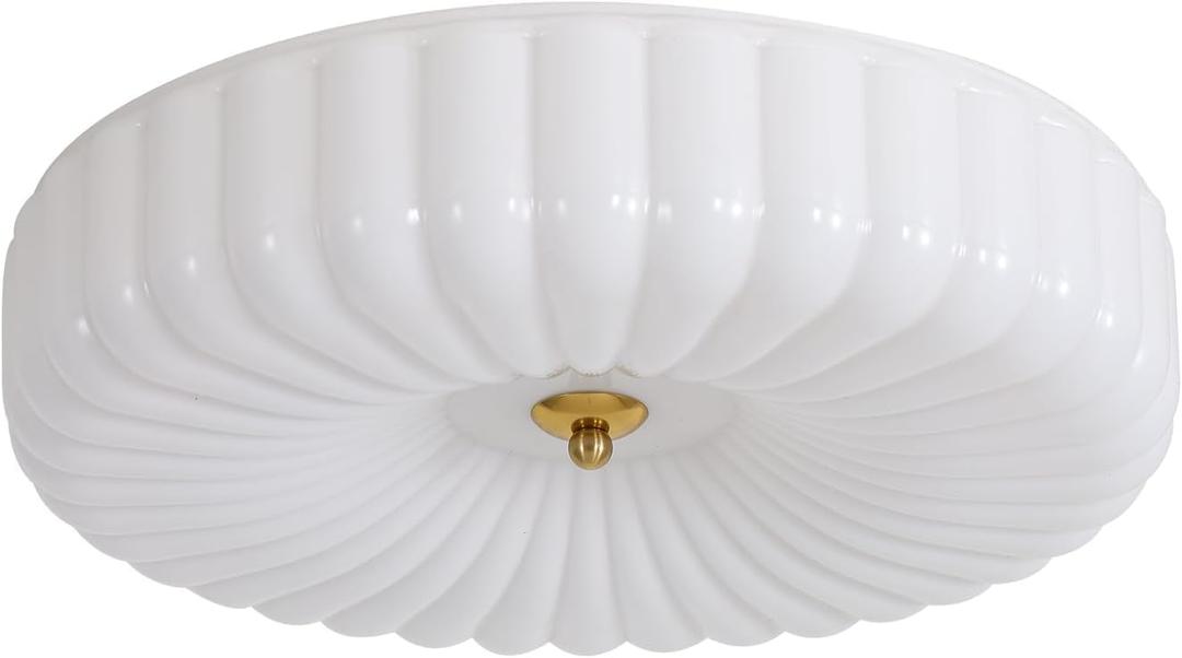 KCO Lighting White Ribbed Glass Flush Mount Ceiling Light Large Milk Glass Ceiling Lights Round LED Semi Flush Mount Ceiling Light Fixture Contemporary Hallway Ceiling Lighting