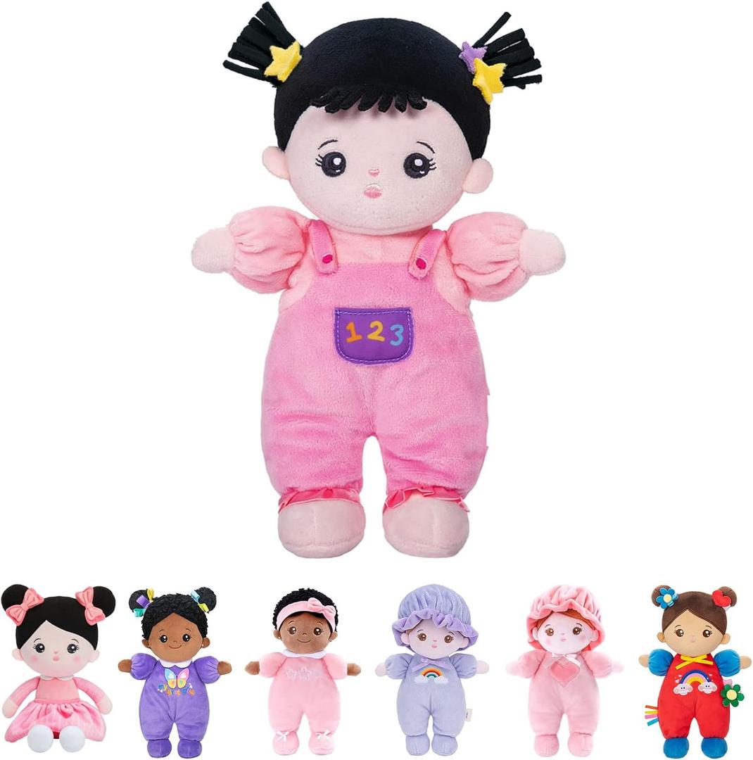 OUOZZZ 10" Soft Baby Doll for Girls - First Baby Doll Plush Rag Doll Sleeping Cuddle Buddy Pink Straps Black Hair Asian Doll Toy for Kids (B-bandeau Pants)