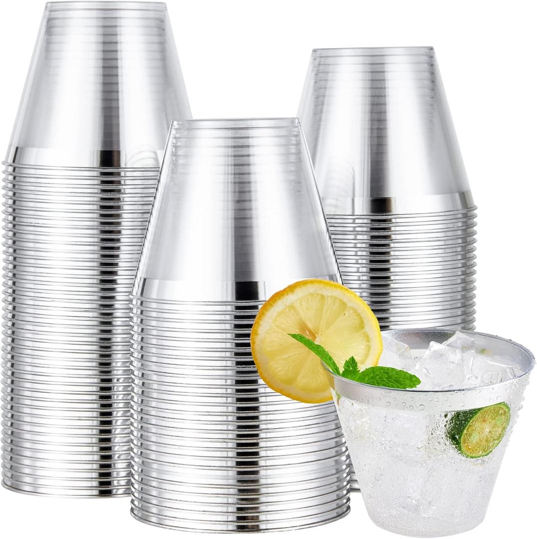 JOLLY CHEF 100 Pack Silver Plastic Cups, 9 oz Clear Plastic Tumblers, Elegant Silver Rimmed Cups, Disposable Glasses for Wedding, Thanksgiving Day, Christmas Party