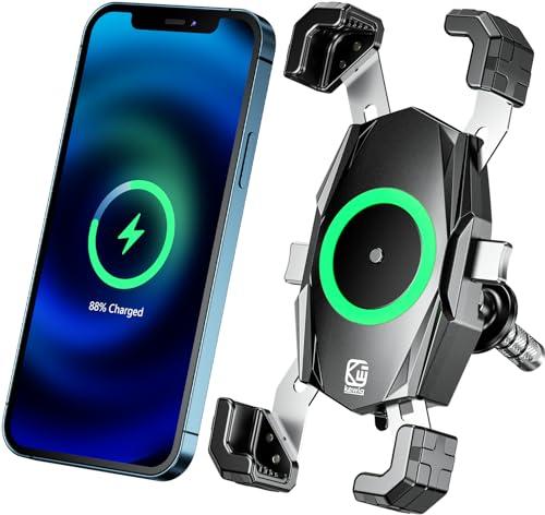 Kewig Motorcycle Fork Stem Phone Mount with Qi 15W Wireless Charger & USB C 20W Fast Charging Port, One-Push Automatically Lock & Quick Release Handlebar Phone Holder for 4.0-6.9" Phone