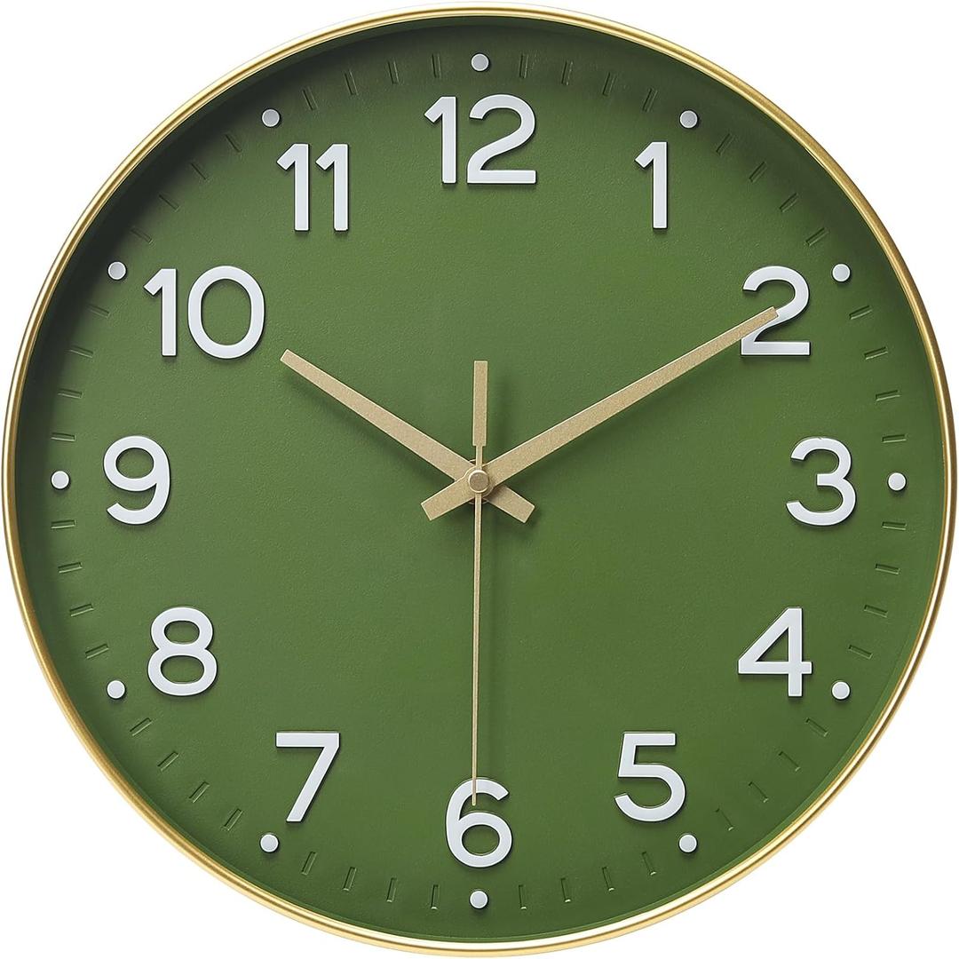 MEIRED Wall Clock 12 Inch Silent Non Ticking Battery Operated Round Wall Clock Modern Simple Style Decor Clock for Home/Office/School/Kitchen/Bedroom/Living Room, Olive Green and Gold