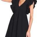 FANCYINN Women's Summer Casual Babydoll Mini Dress Ruffle Sleeveless Deep V Neck High Waist Swing Tunic Dress with Pockets (Large, Black)