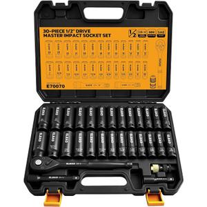 ELEAD 1/2" Drive Deep Impact Socket Set: 30-Piece Standard SAE (3/8 to 1 Inch) and Metric (10-24mm) Size, 3" and 5" Drive Extension Bar, Ratchet Handle, Bit Adapter, CR-V Steel for Auto Repair