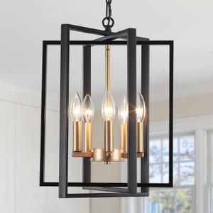Black and Gold Modern Farmhouse Chandeliers for Dining Room, 5-Light Pendant Light Fixture Adjustable Industrical Entryway Light Fixture Hanging Chandelier for Kitchen Island Entryway Hallway Foyer