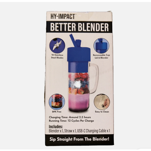 Hy-Impact Better Blender 16 Oz Cordless USB Rechargeable Turbo Power.