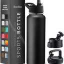 FineDine 25 Oz Insulated Water Bottle with Straw - Triple Walled Stainless Steel Metal Bottle W/ 3 Leak Proof Lids - For Travel, School, Sports, Gym/Men, Women & Kids - Inky Raven Black