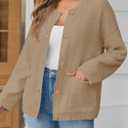 Saodimallsu Women's Chunky Knit Cardigan Button Down Crewneck Long Sleeve Cropped Sweater with Pockets (L)