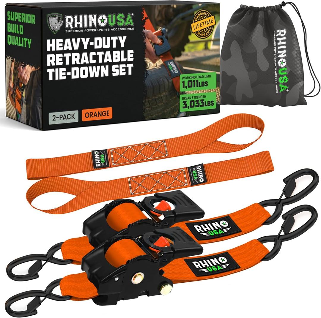 Rhino USA Retractable Ratchet Straps (2-Pack) - 2 Inch x 10 Feet (3,033lb Break Strength) - Heavy Duty Auto Self Retracting Tie Down Straps for Truck, Cargo Trailer, Motorcycle, Rad & More - Orange