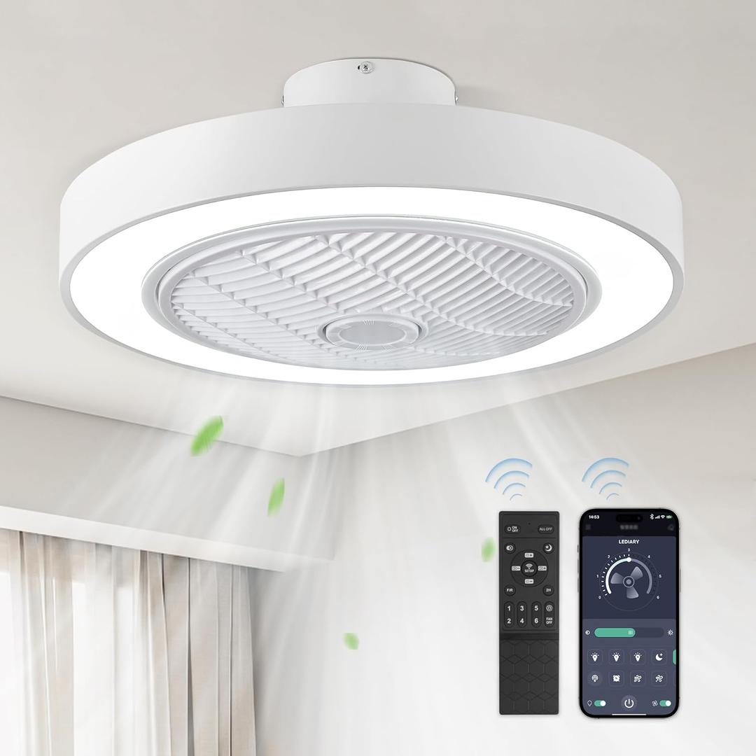 LEDIARY 22in Enclosed Ceiling Fan with Light and Remote, White Modern Bladeless Ceiling Fan with Bright Light, Led Flush Mount Ceiling Fan for Bedroom, Living Room, Kid Room(6 Speeds, 3000-6000K) (22 Inch)