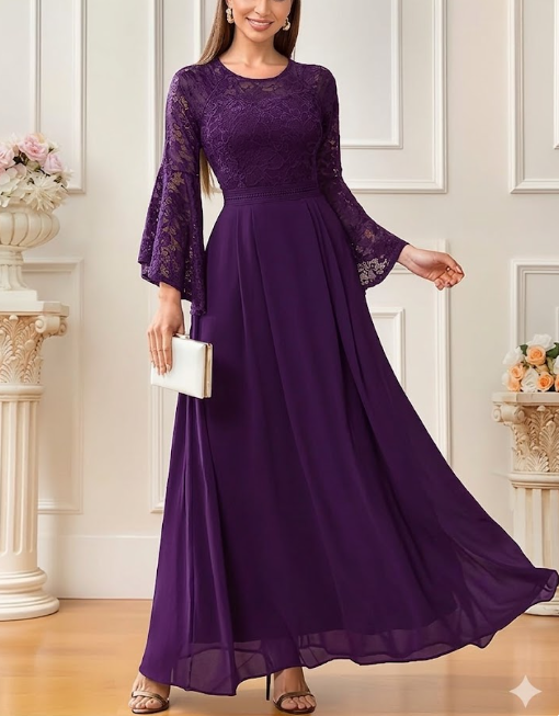 MISSMAY Women's Formal Lace Chiffon Bell Sleeve Wedding Party Long Dress. Purple, Size S