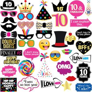10th Birthday Photo Booth Props - 40 Pieces - Funny Birthday Party Supplies for Him or Her - Photo Booth Decorations, Favors and Gifts