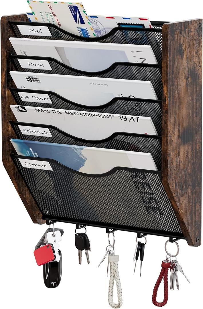 Mesh Hanging Wall File Organizer, 5-Tier File Holder Wall Mounted Magazine Rack with Hooks Wood Document Storage Mail Organizer for Office Home, Antique Brown