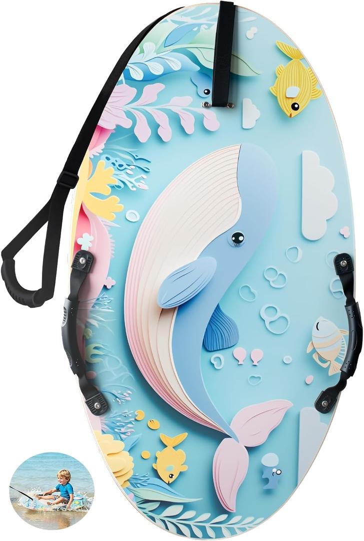 Skimboard with Handles Tow Rope, Wooden Skim Boards Beach Toy for Kids, Towable Kids Board for Shallow Water ，Beach and Lawn Use