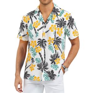 ASTRYON Hawaiian Shirt for Men Short Sleeve Floral Palm Button Down Tropical Vacation Beach Shirt (US, Alpha, Medium, Regular, Regular, White and Yellow and Blue) (M)