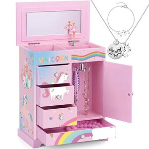 efubaby Large Jewelry Box for Girls 5-Layer Music Box with Spinning Ballerina Unicorn Necklace & Bracelet Set Kids Jewelry Organizer Birthday Christmas Gift for 5-8 Year Old Girls(Pink&Blue)