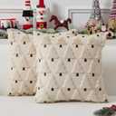 UGASA Christmas Decorative Pillow Covers 16x16 Inch Soft Plush Faux Fur Jacquard Throw Pillows Pillowcases for Couch Sofa Holiday Festivals Winter Home Decor Set of 2 Beige