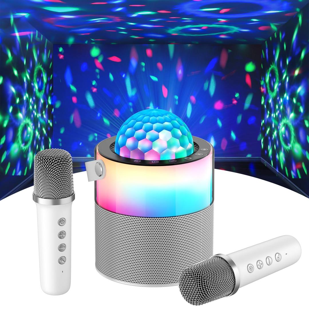 MOMOHO Karaoke Machine with Disco LED Lights, Mini Portable Bluetooth Speaker with 2 Wireless Microphones for Kids Adults, Birthday Gifts for Girls Boys Family Parties Travel (White)