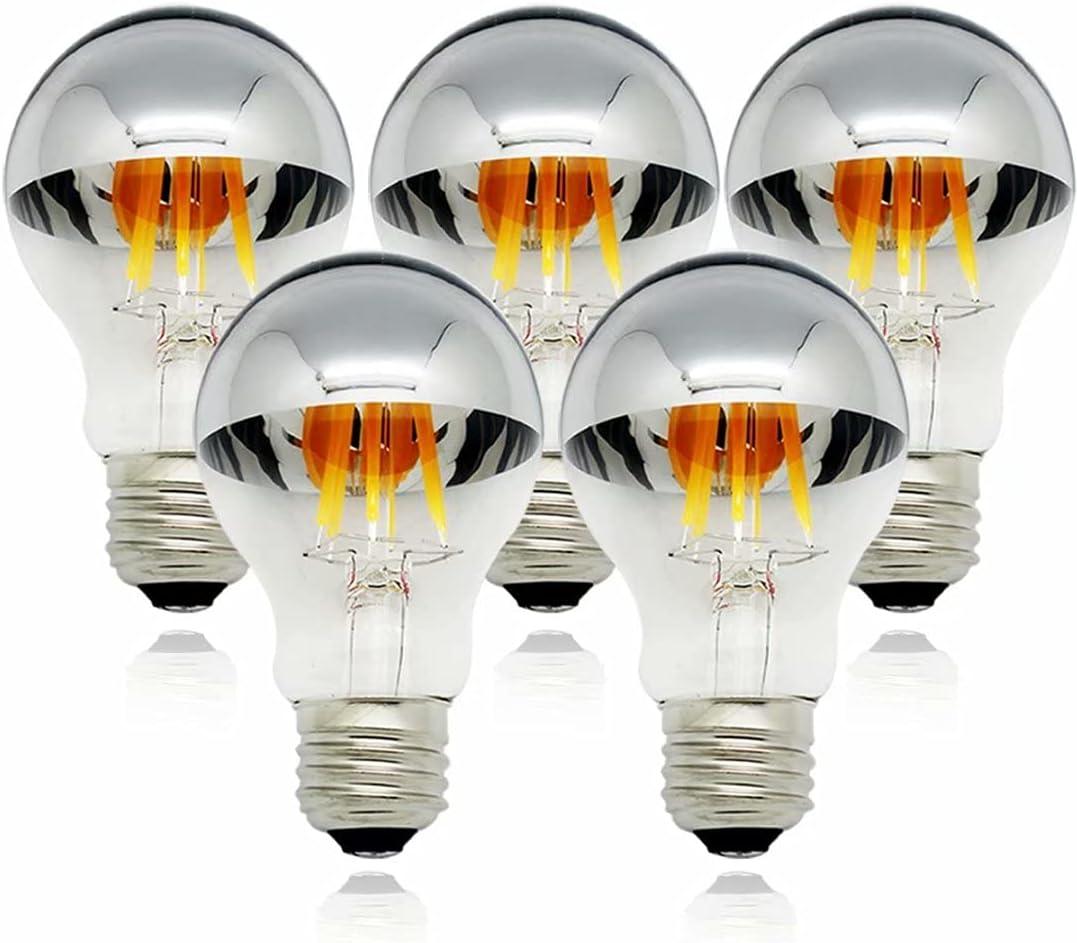 Half Chrome Light Bulb Dimmable 6W (Equivalent 60 Watt) LED Edison Bulb A60 Half Silve Dipped LED Bulb Globe Shape 2700K Warm White Decorative Mirror Light Bulb CRI 90+ E26 Base Pack of 5