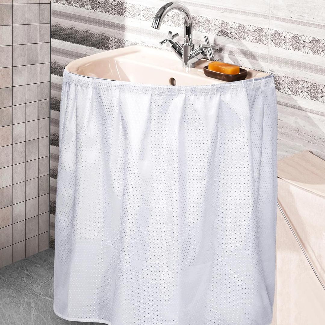 Fabric Sink Skirt Diamond Bathroom Stitch Self Stick Adhesive Waterproof Fabric Under Sink Curtain Skirt 55 x 32 Inch Adds Bathroom Storage(White,Fashion Style)