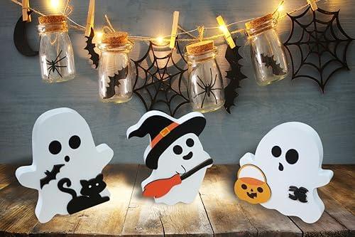 3pcs Cute Ghost Halloween Indoor Decoration, Wooden Layered Tray Countertop Sign, Suitable for Halloween Party Home Display,Set of 3