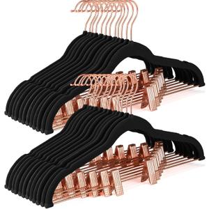 HOUSE DAY Velvet Pants Hangers with Clips 24 Pack, Ultra Thin Non Slip Velvet Skirt Hangers with Rose Gold Hooks Space Saving Clothes Hanger for Trouser, Skirts, Jeans, Dress, Coats (Black)